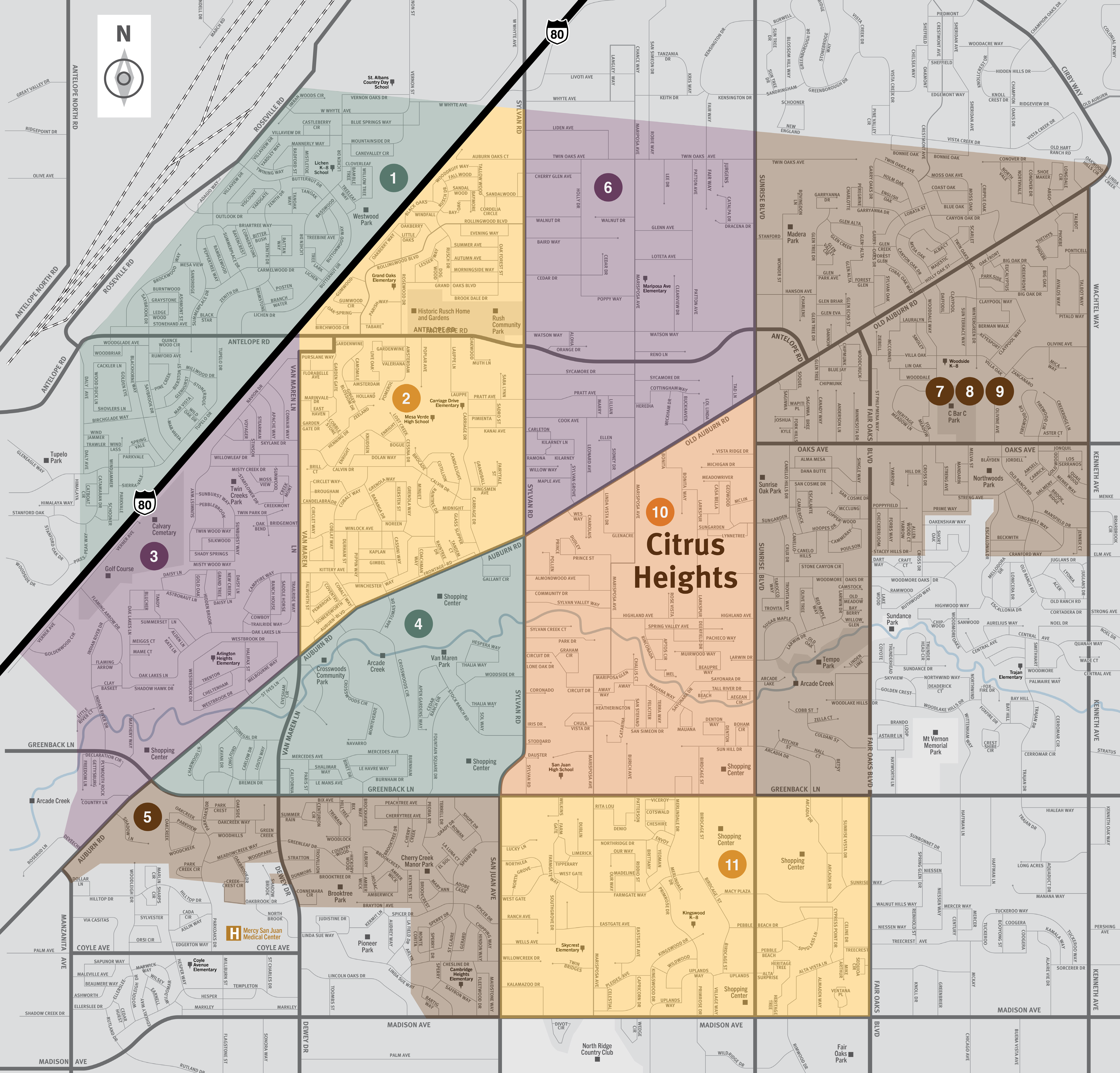 This is a map of the city of Citrus Heights located in the northeast region of Sacramento County.  This city contains eleven evacuation zones: Birdcage Heights, Arcade Creek, Northwest, Rusch Park, CHANT, Sunrise Ranch, three zones in CHASEN, SOAR, and Park Oaks.  Significant landmarks are the Historic Rusch Home and Gardens, C Bar C Park, Calvary Cemetery, Van Maren Park, San Juan High School, Northwoods Park, Brooktree Park, and Skycrest Elementary School.  There are no train tracks.  Major east and west evacuation routes are Antelope Road, Oaks Avenue, Old Auburn Road, and Greenback Lane. Major north and south evacuation routes are Van Maren Lane, Sylvan Road, Sunrise Boulevard, Fair Oaks Boulevard, and Kenneth Avenue.  For additional information specific to Citrus Heights please contact your city at (916) 725-2448.