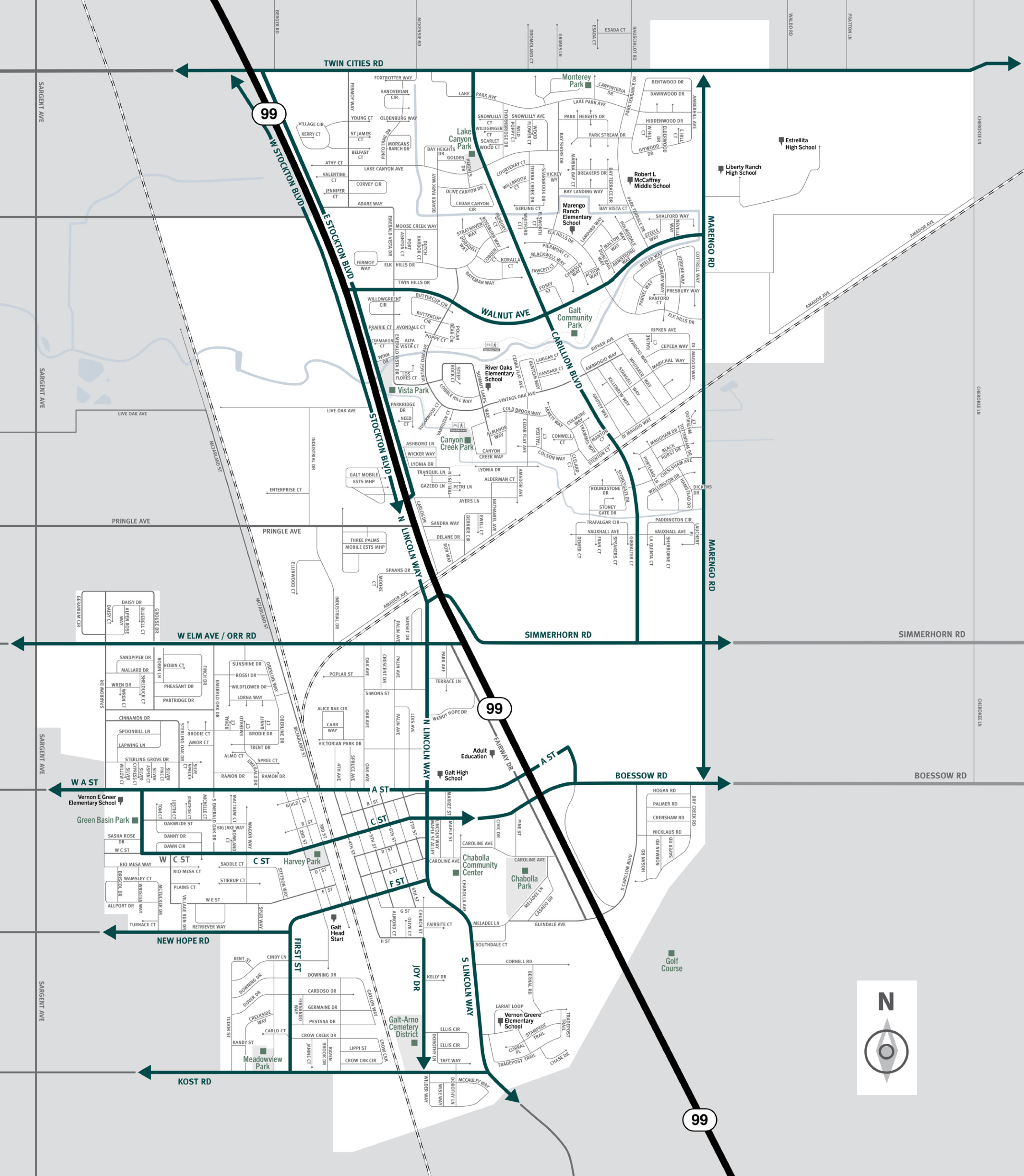 This is a map of the city of Galt located in the southern region of Sacramento County.  This city contains five zones, which includes the neighborhoods of Wilder Way, North Galt, and River Oaks.  Significant landmarks are Lake Canyon Park, Estrella High School, Canyon Creek Park, Vernon E. Greer Elementary School, and Meadow View Park.  Major east and west evacuation routes are Twin Cities Road, Walnut Avenue, West Elm Avenue and Orr Road, Simmerhorn Road, West A Street, New Hope Road, and Kost Road.  Major north and south evacuation routes are Highway 99, North Lincoln Way, Marengo Road, and Carillion Boulevard.  For additional information specific to Galt please contact the city at (209) 366-7130.​