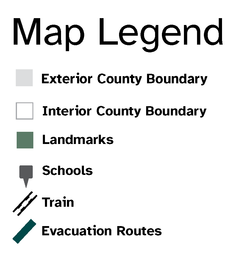 Map Legend including boundaries, landmarks, schools, trains and evacuation routes.