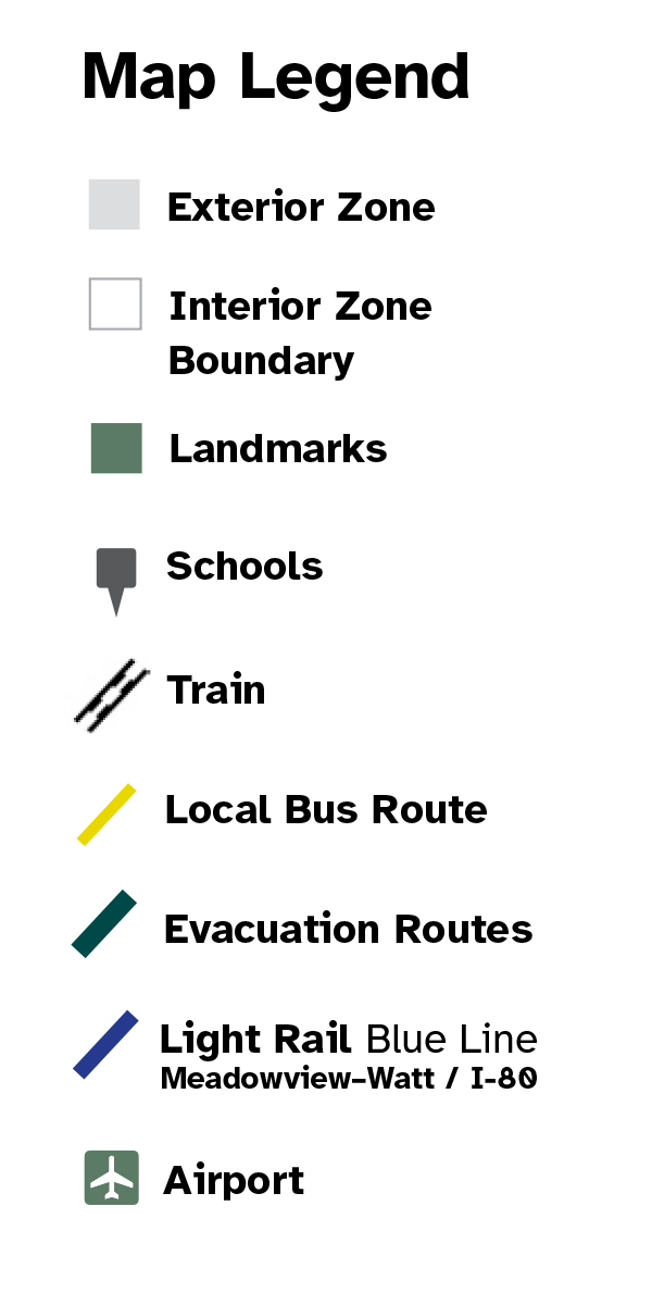 Map Legend for exterior zones, interior zone boundaries, landmarks, schools, evacuation routes, bus routes and light rail.