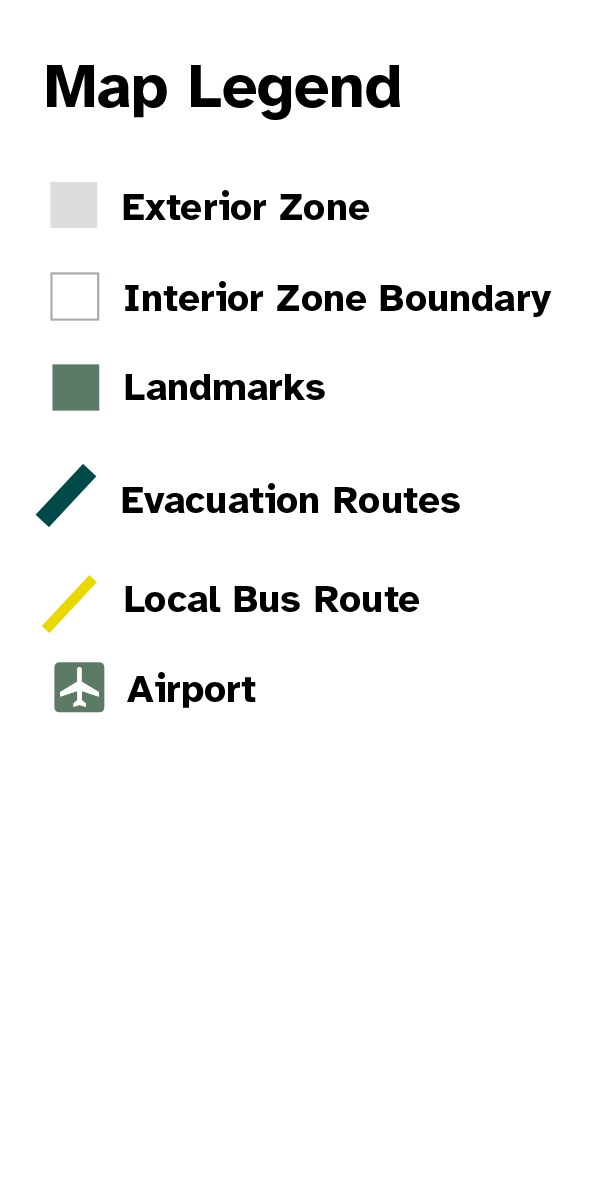 Map Legend for exterior zones, interior zone boundaries, landmarks, schools, evacuation routes, bus routes and light rail.