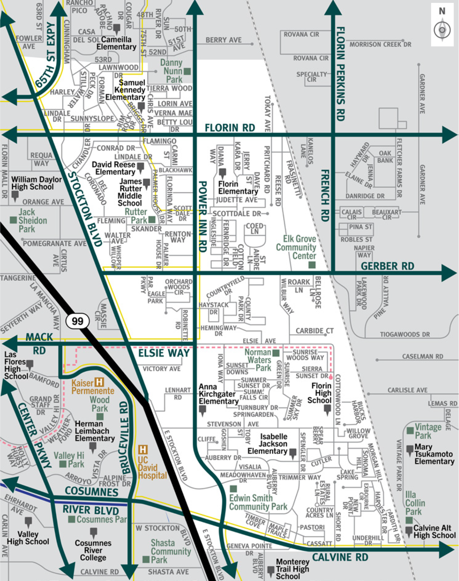 This is a map of Sacramento County evacuation zone number 63, called West Florin.  It is in central region of the county and is bordered by Stockon Boulevard to the west, Florin Road to the north, train tracks to the east, and Calvine Road to the south.  Significant landmarks within this zone are Rutter Park, Elk Grove Community Center, Norman Waters Park, and Edwin Smith Community Park.  There are train tracks along the eastern border of the zone.  There are bus routes throughout the northwest and southern portions of the zone.  There is a peak-only bus route in the center of the zone.  Major east and west evacuation routes are Florin Road, Gerber Road, Elsie Way, and Calvine Road.  North and south evacuation routes are Stockton Boulevard and Power Inn Road.
