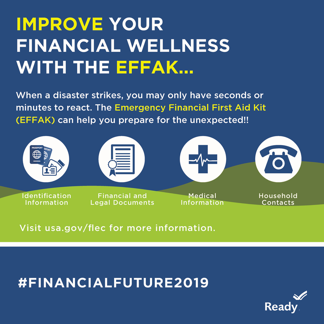 Improve your financial wellness with the EFFAK. When disaster strikes, you may only have seconds or minutes to react. The Emergency Financial FIrst Aid Kit (EFFAK) can help you prepare for the unexpected.